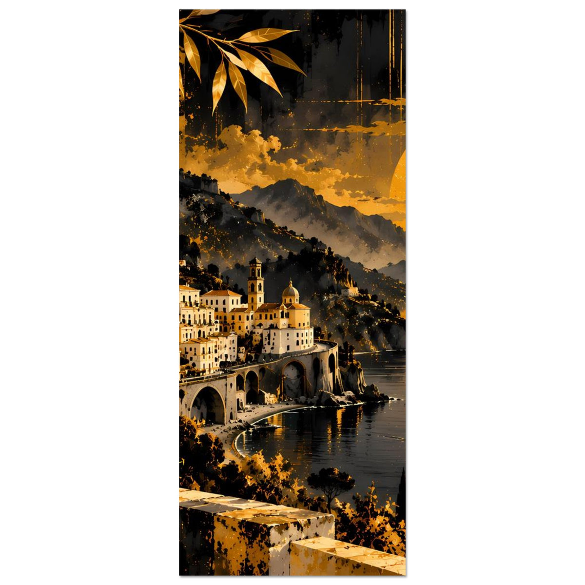 Vertikales Poster mit Küstenort im Sonnenuntergang, Häuser am Ufer und Boot im Wasser