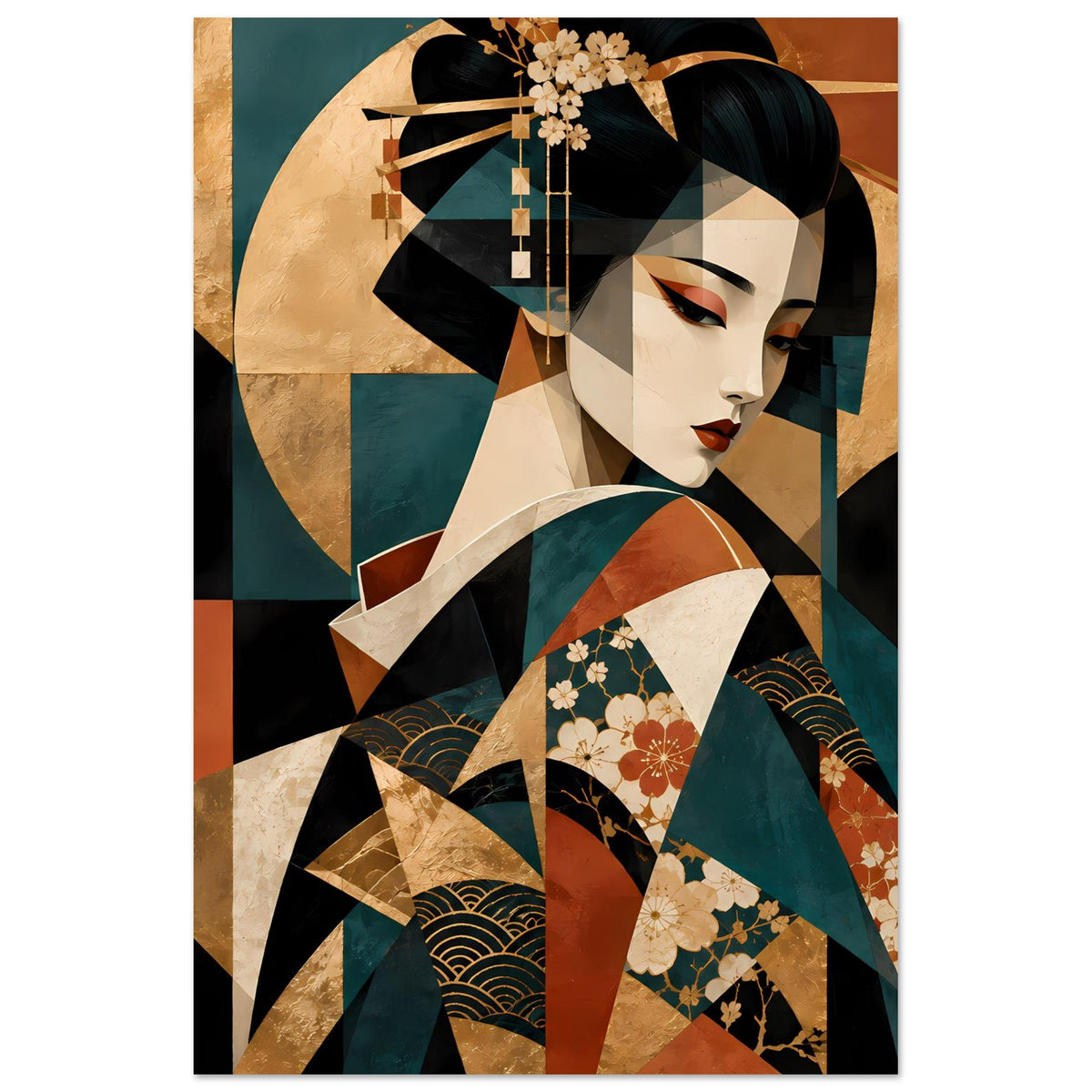 Kunstposter: Geisha mit Blumen im Haarschmuck, Gold-, Türkis- und Rotmotive