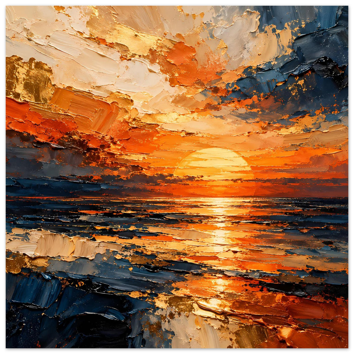 Abstraktes Sonnenuntergangs-Meer Poster, orange Sonne zwischen blauen Pinselstrukturen, horizontal