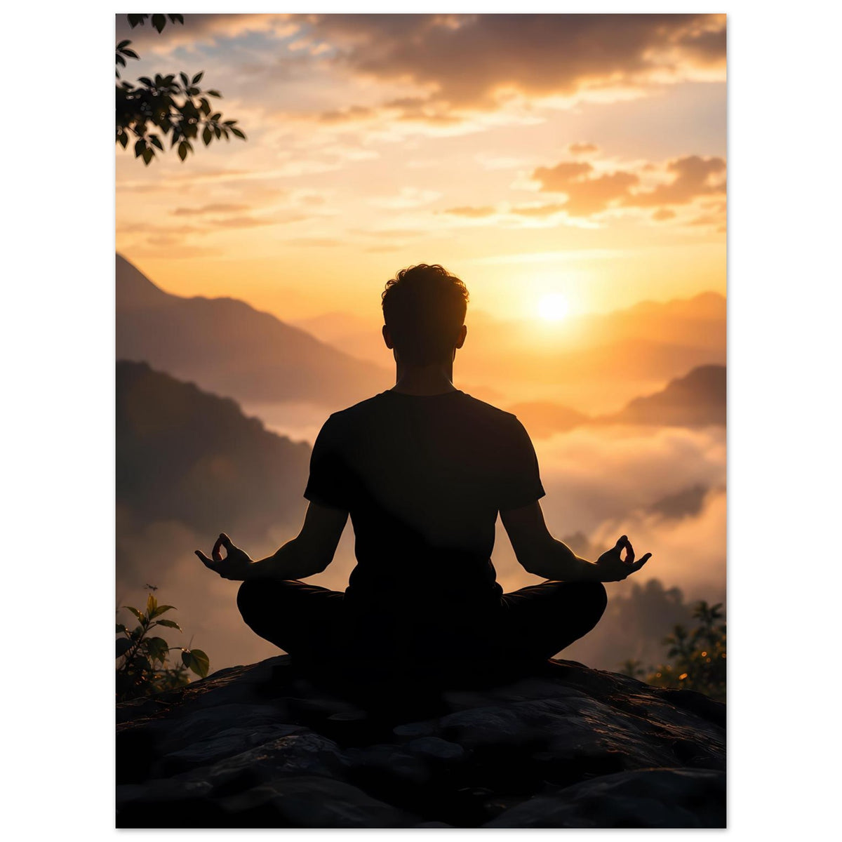 Meditationsposter: Silhouette einer Person im Lotussitz, goldene Sonne über Berglandschaft