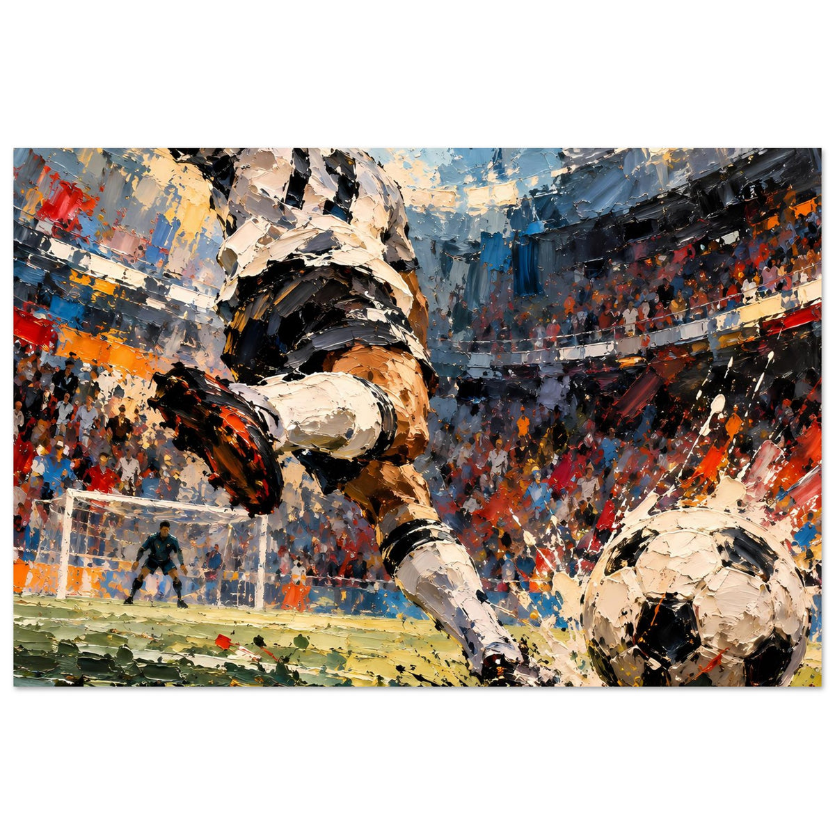 Fußball-Actionposter im Querformat: Akteure im Angriff, Tor und Stadiontribüne
