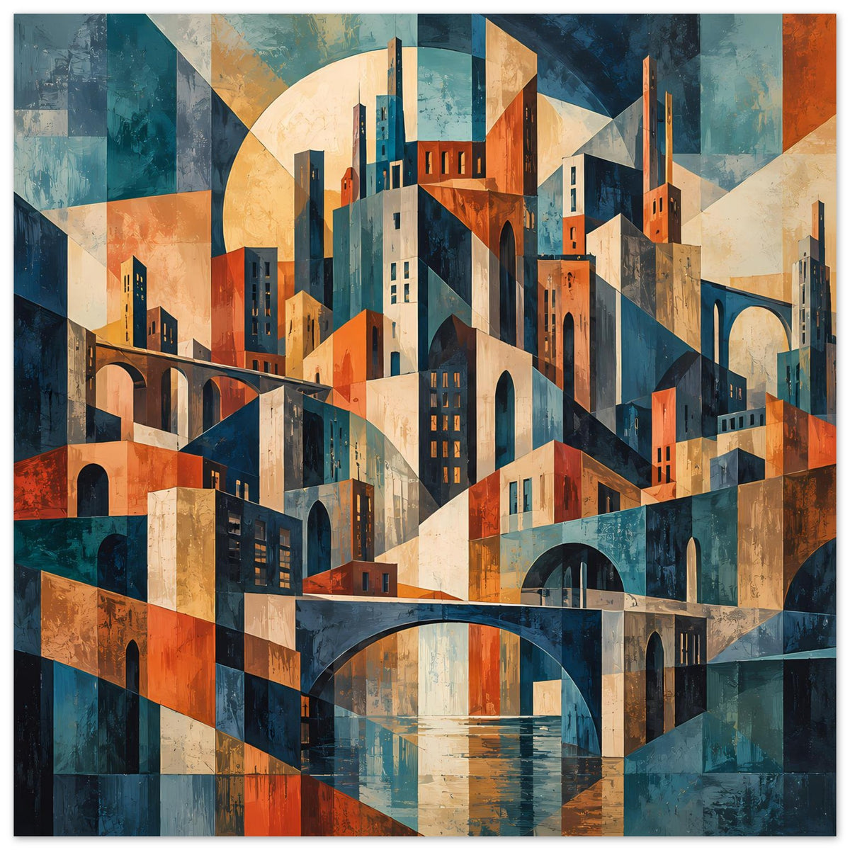 Horizontales Plakat mit Stadtlandschaft und Bogenbrücke über spiegelndem Wasser