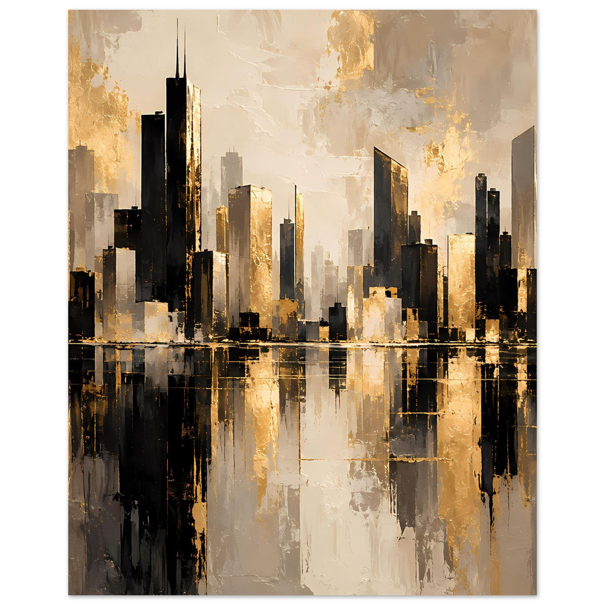 Cityscape-Poster vertikal: gold-beige Skyline mit dunklen Hochhäusern und Reflexen