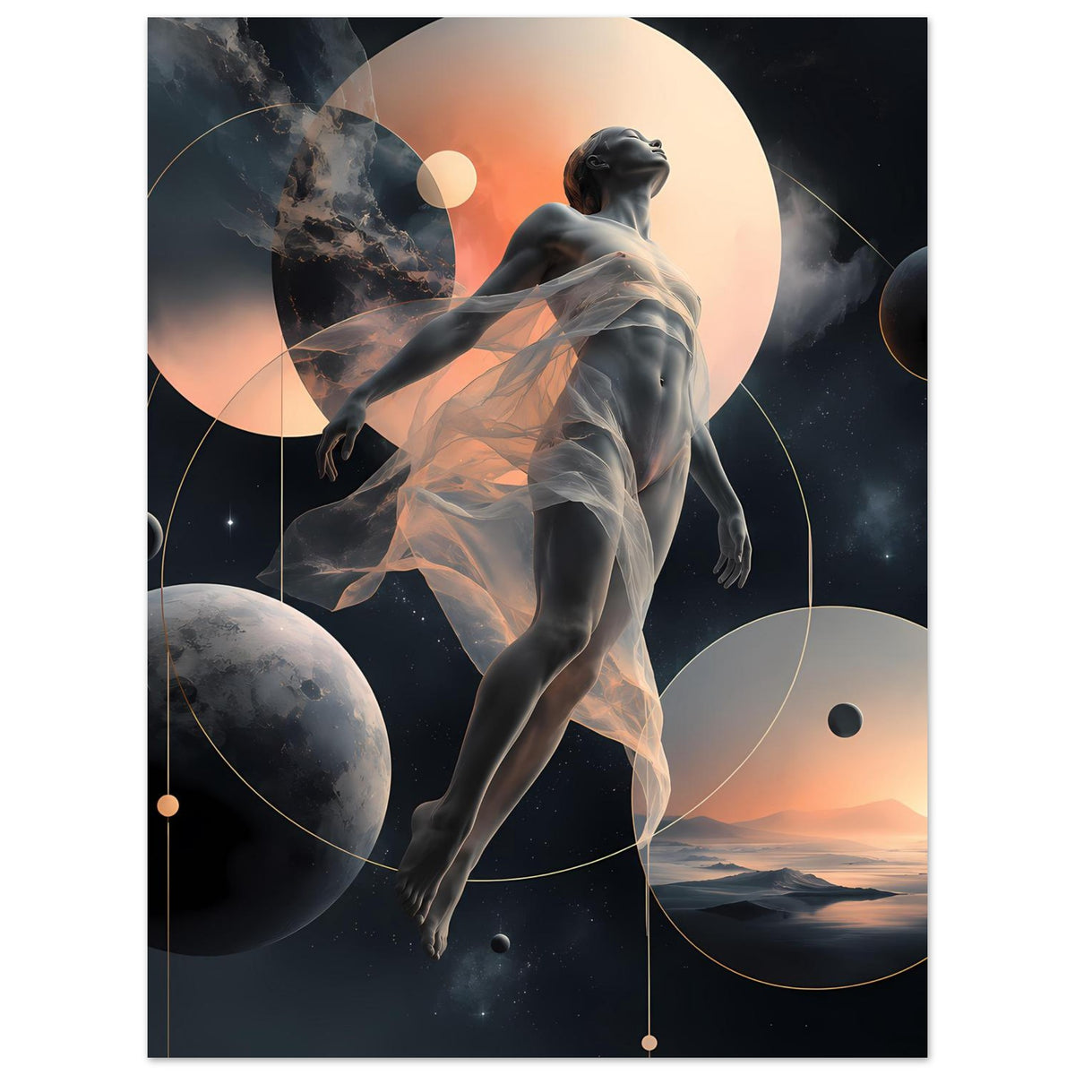 Vertikales Poster mit abstrakter Himmelsfigur: schwebende Frau vor Sonne und Planeten