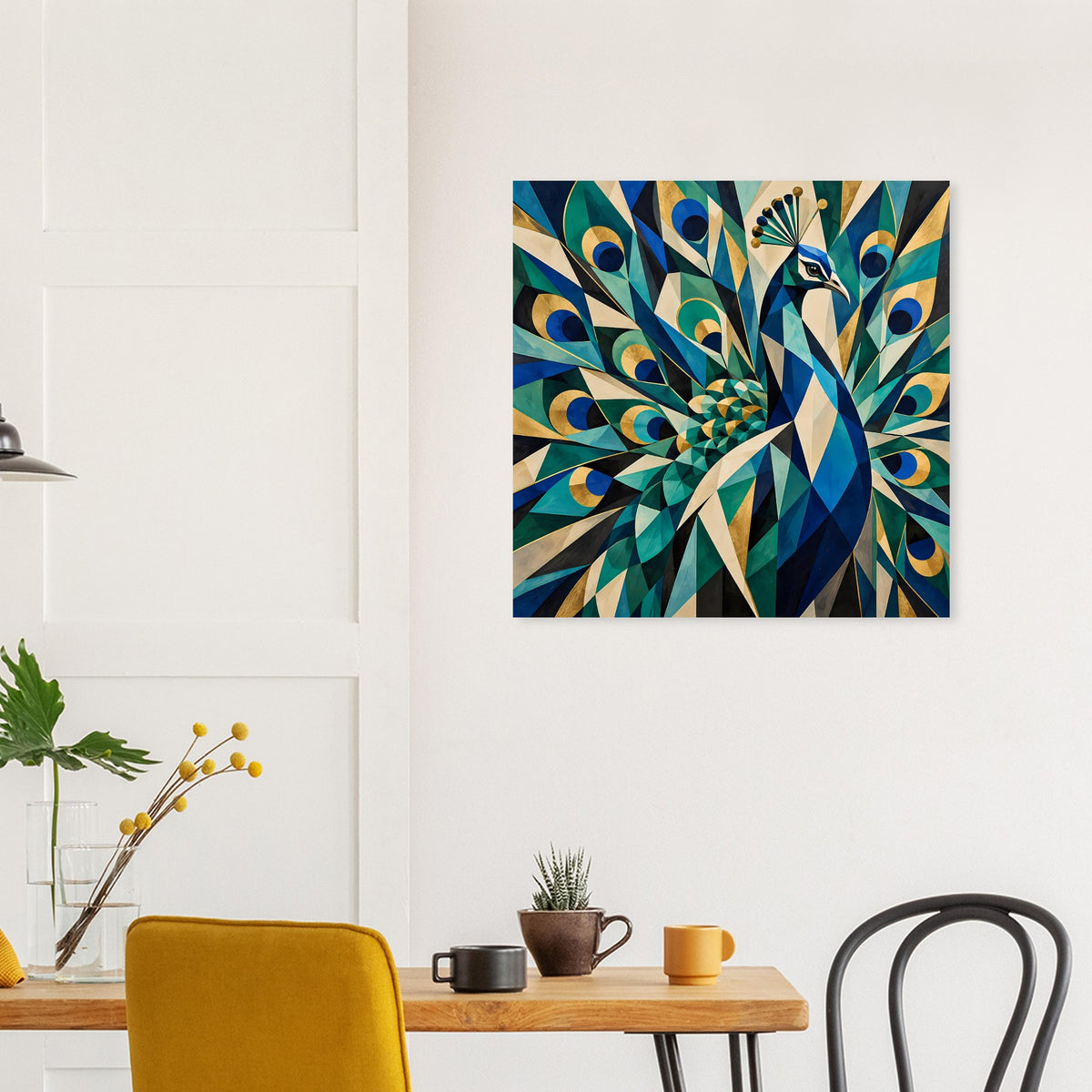Geometrischer Pfau als Poster, Blautöne mit Goldakzenten
