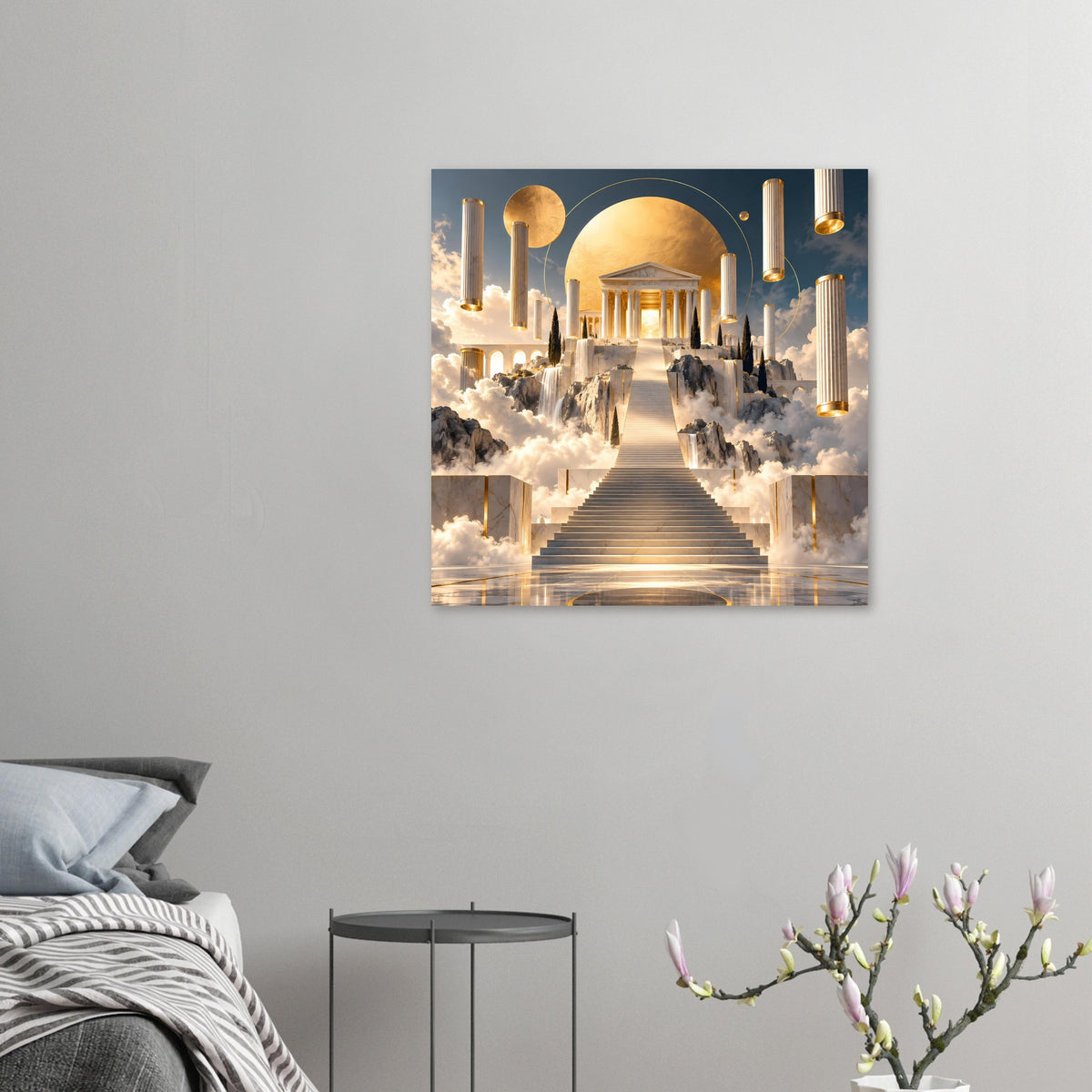 Gerahmtes Kunstposter an der Wand: goldene Säulenanlage über Wolken und Treppe