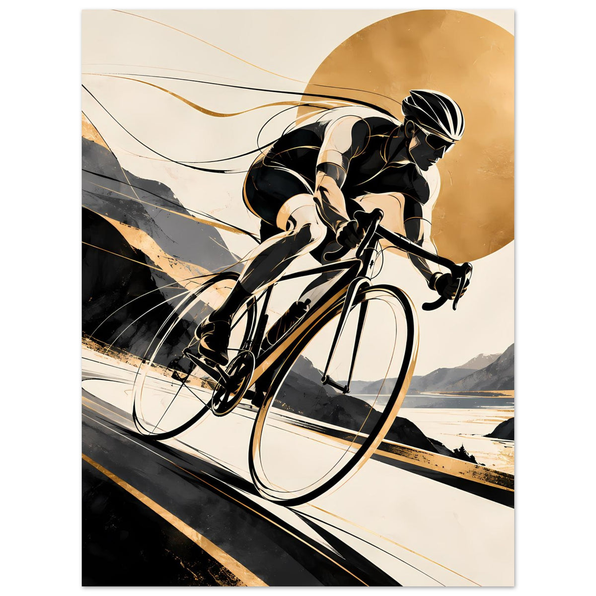 Sportposter mit Radfahrer im Schwarz-Gold-Look, hochkant