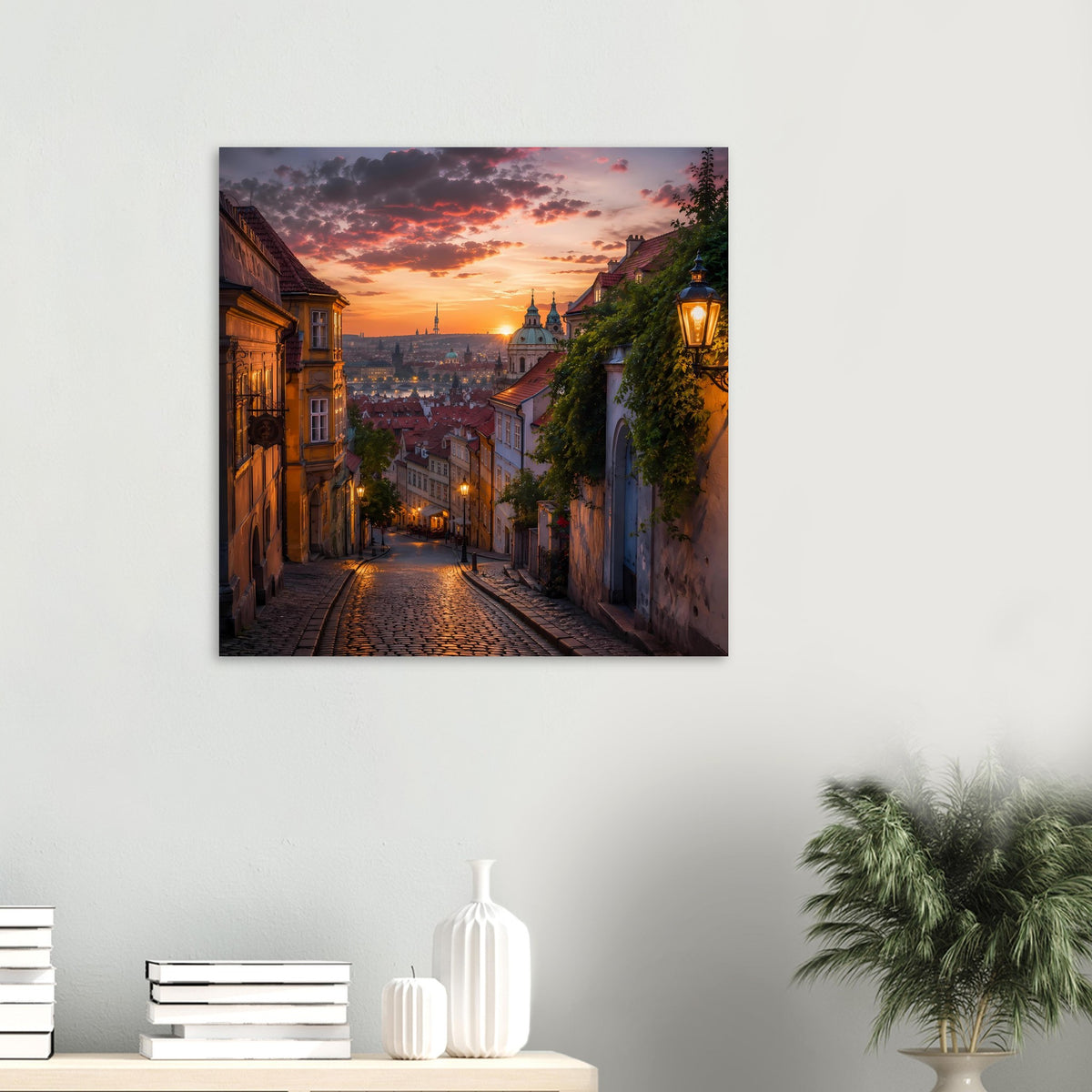 Kleines Poster: Sonnenuntergang über Kopfsteinpflastergasse mit leuchtender Straßenlaterne