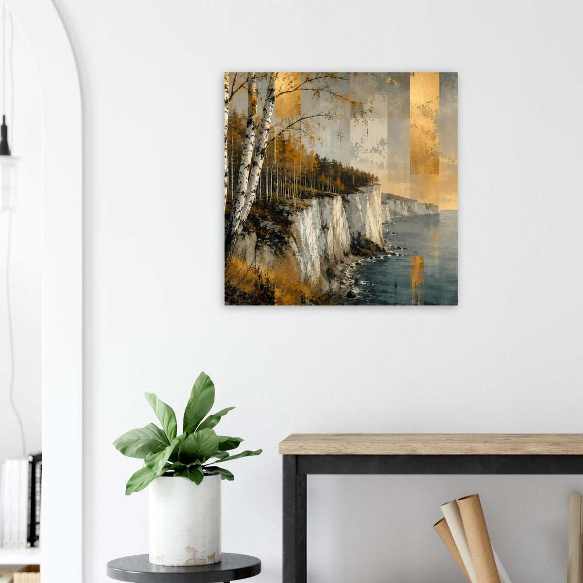 Poster mit Felsklippen am Meer, Birken am Ufer, goldene Lichtflächen