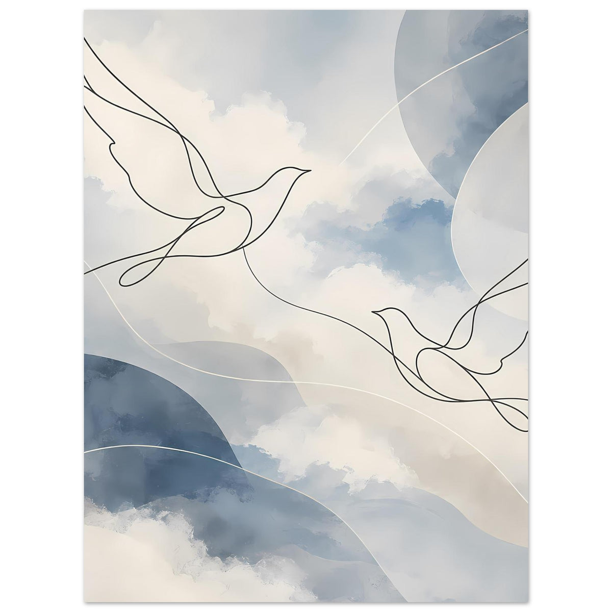 Kunstdruck: abstrahierter Himmel mit hellen Wolken, blauen Kurven und schwarzen Tauben-Umrissen