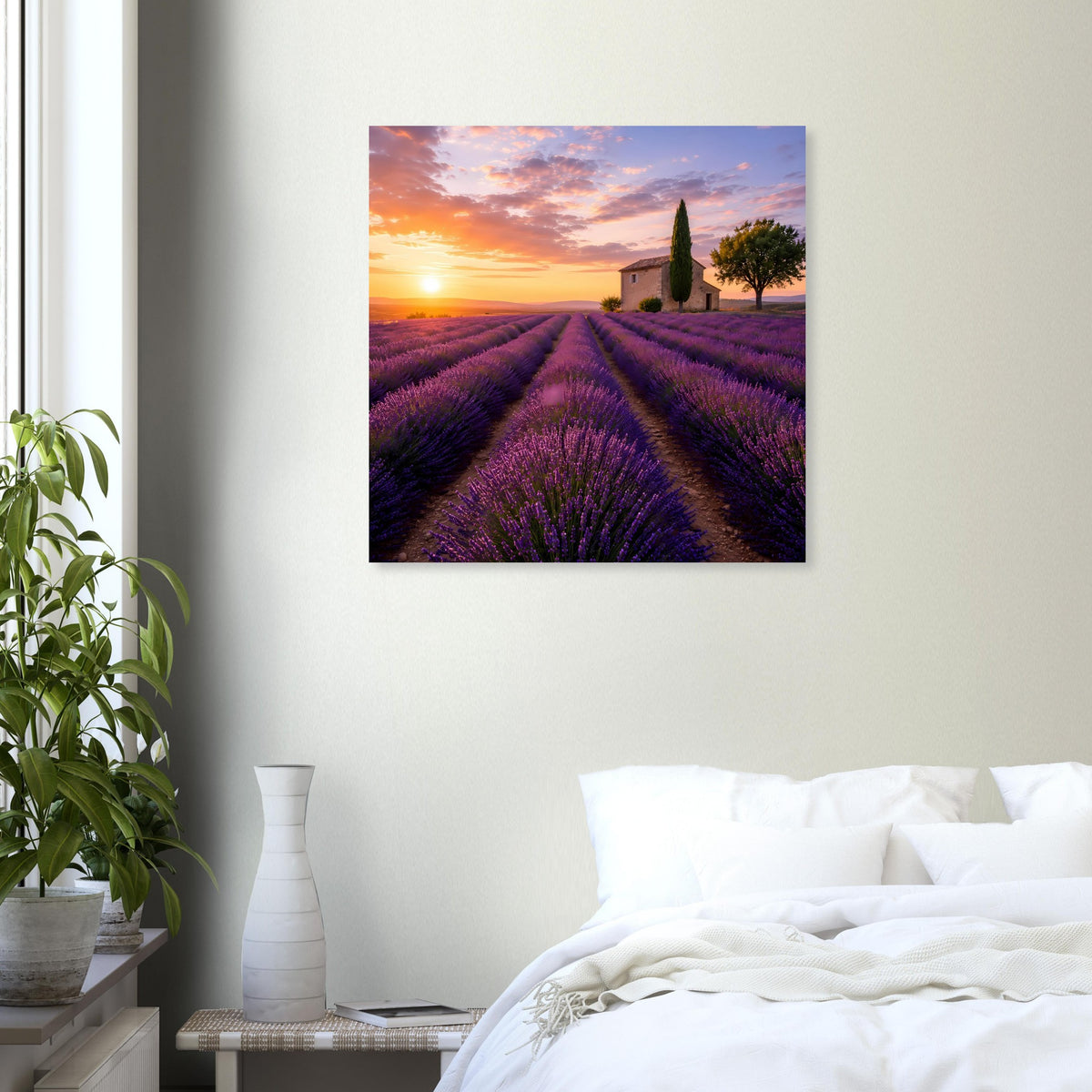 Poster mit Lavendelfeld bei Sonnenuntergang, Sonne am Horizont, Gebäude und Zypressen.