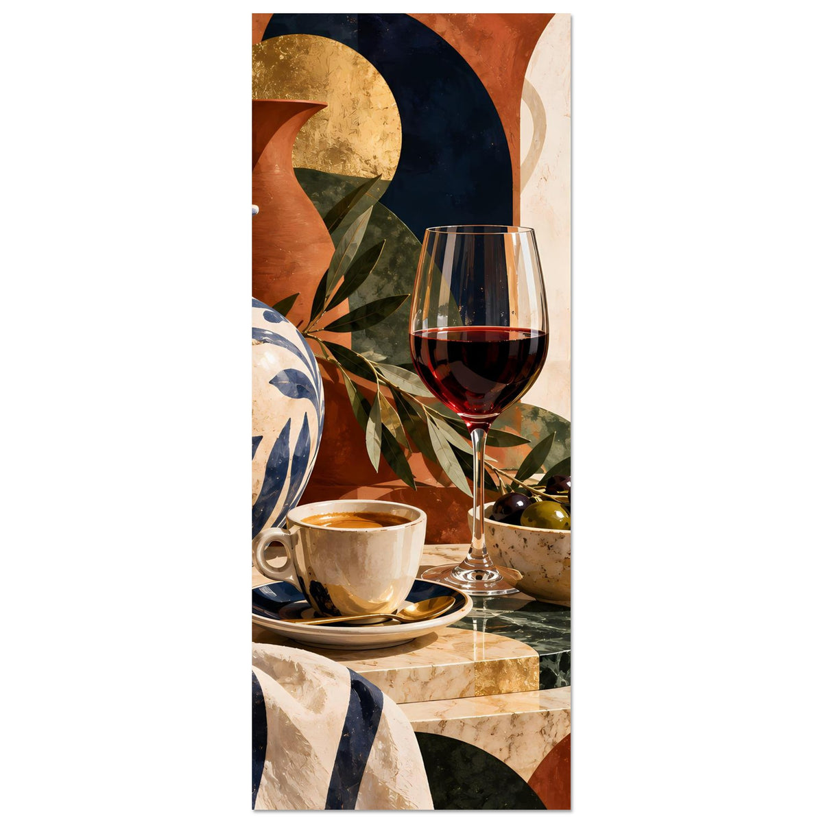 Mediterranes Stillleben-Poster (Ausschnitt) mit Weinglas und Keramikkanne