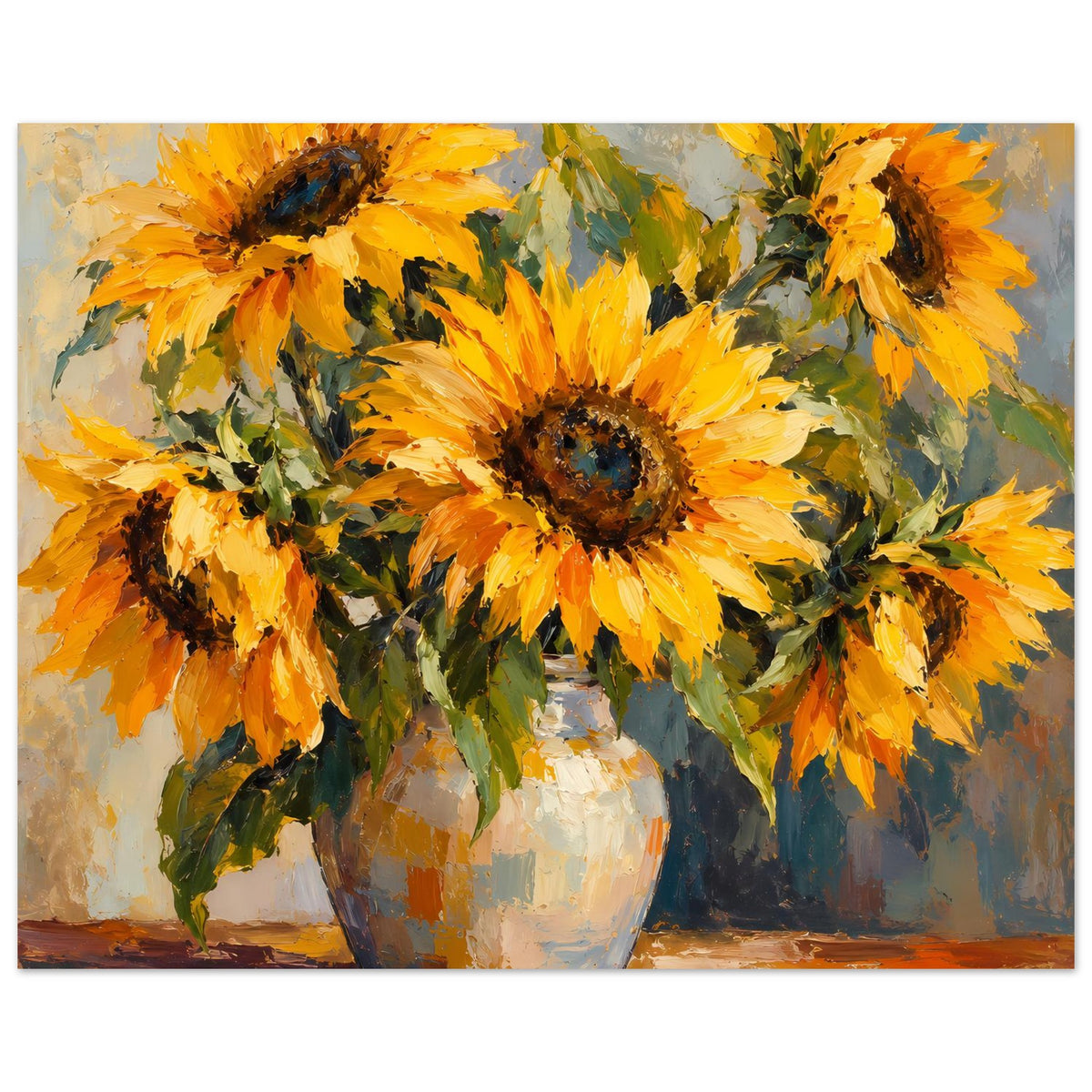 Sonnenblumen-Stillleben-Poster: Vorderansicht der gelben Sonnenblumen in Glasvase, kräftige Farben.