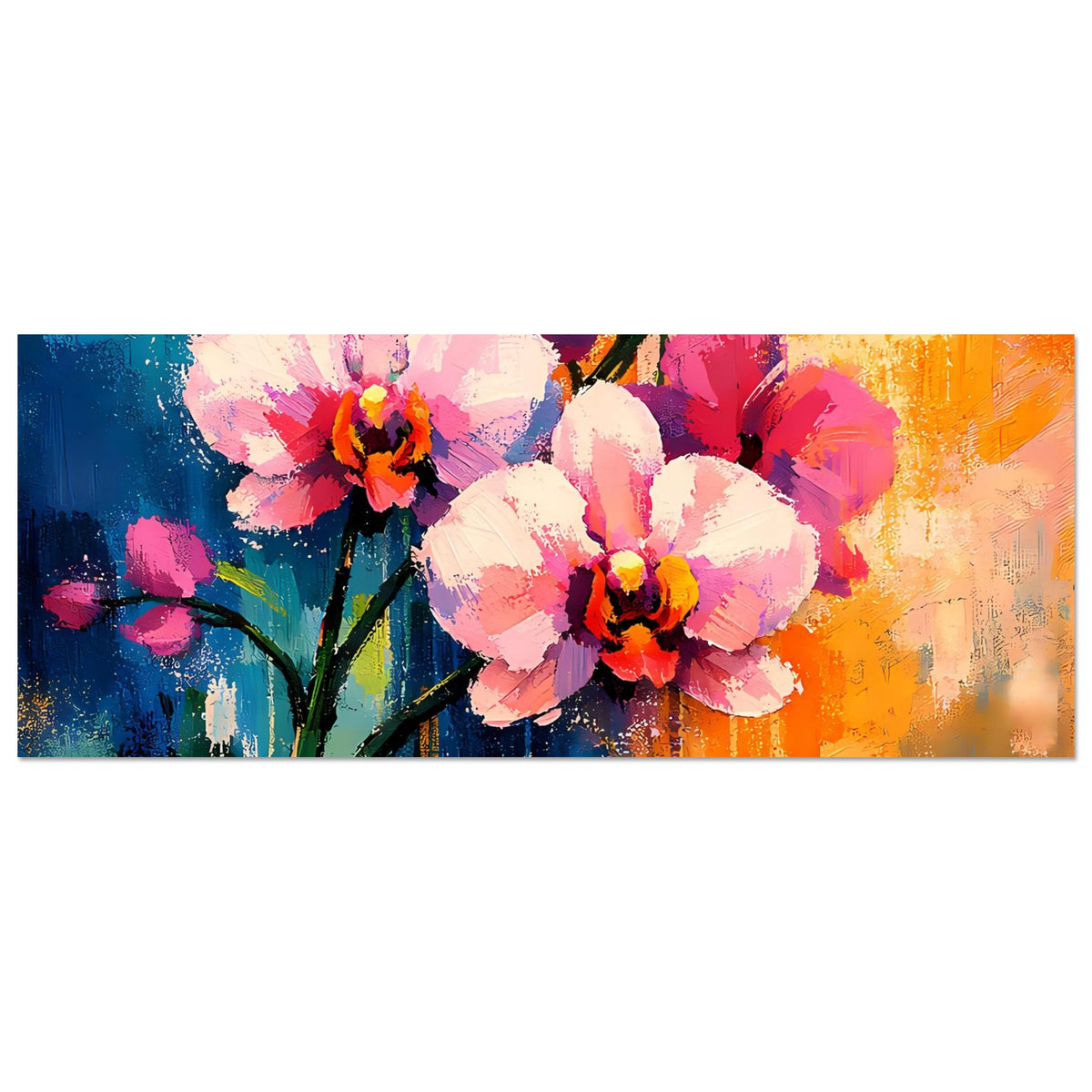 Horizontales Blumenposter mit rosa und weißen Blüten sowie dunklem Ast auf buntem Farbverlauf