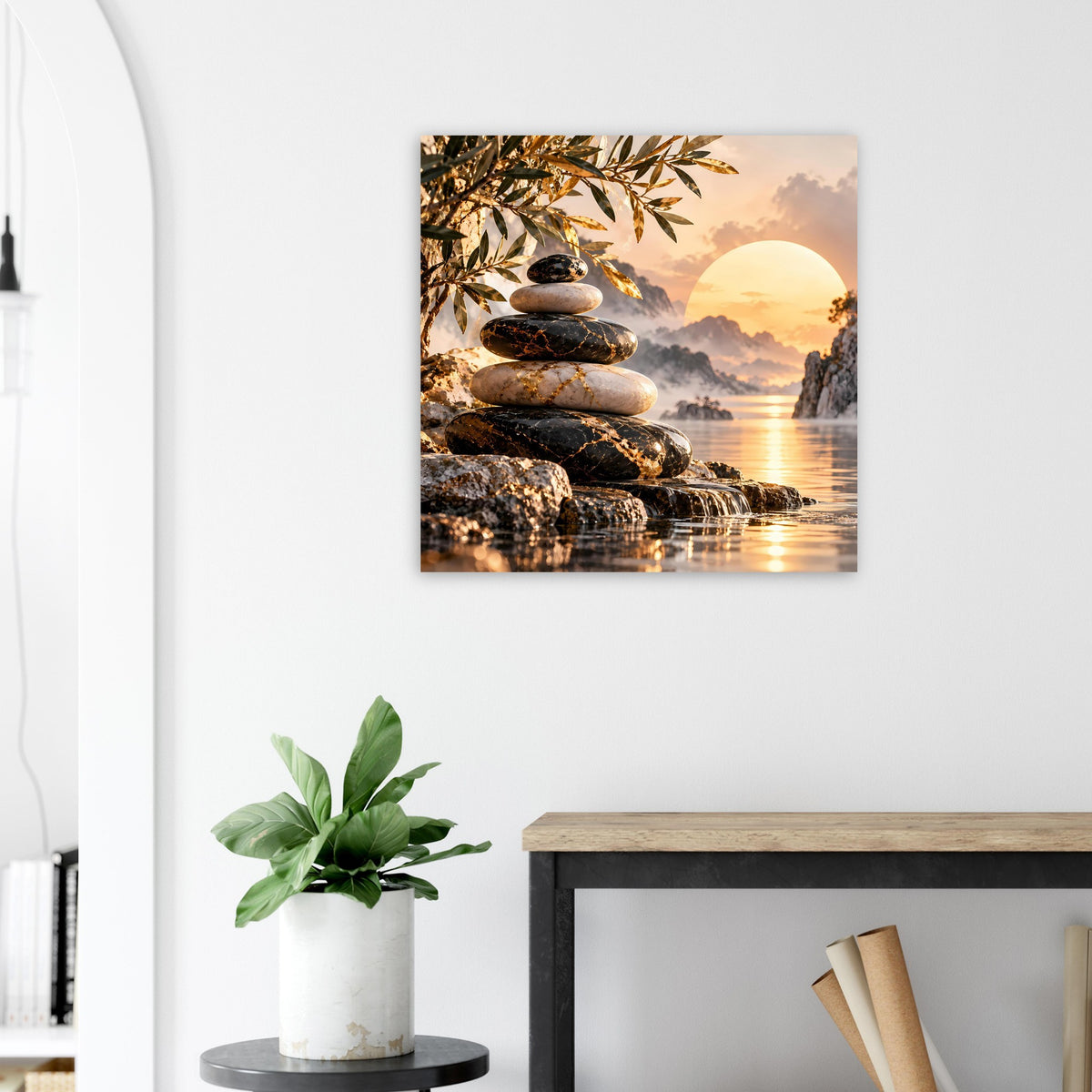Quadratisches Poster mit Sonnenuntergang, Steinmandala und Meer im Hintergrund