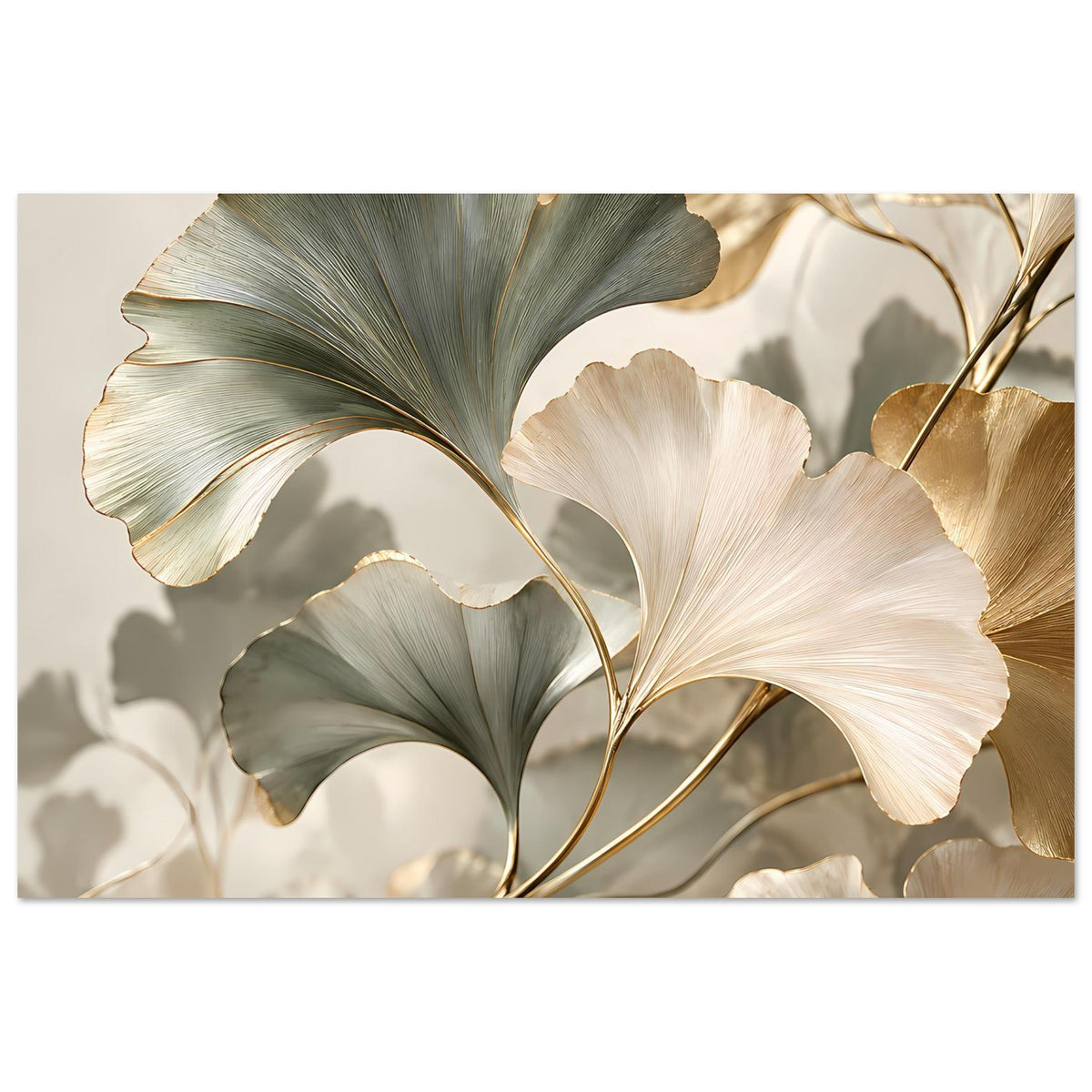 Ginkgo-Blätter Poster: große Blätter in Grün, Creme und Gold mit feinen Rankenlinien.