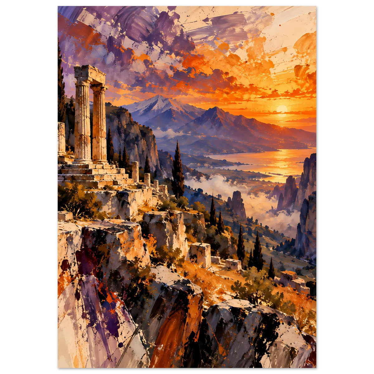 Vertikales Poster mit Ruinenmauer, weiten Bergen und leuchtendem Sonnenuntergang