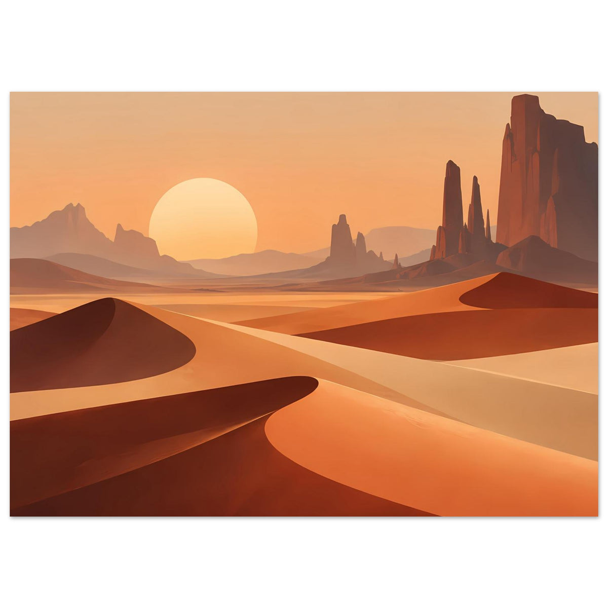 Horizontales Poster mit Wüsten-Dünen, Felszinnen und orangefarbenem Himmel, goldene Sonne.