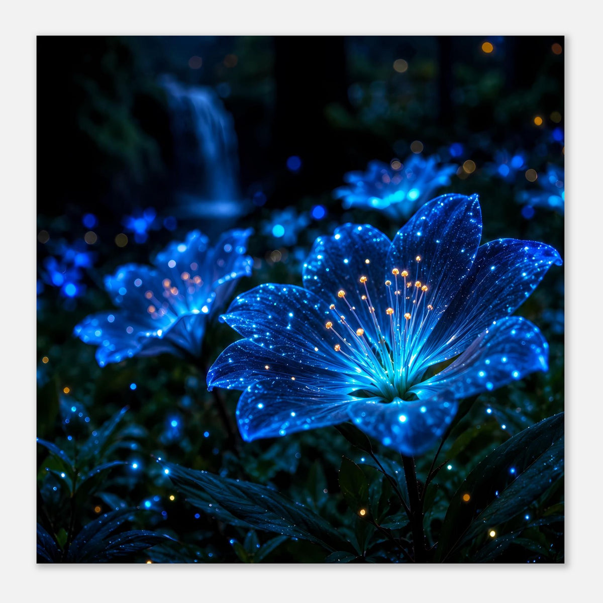 Poster mit blauer Blüte und klarer Kontur der Blütenblätter, leuchtende Lichtpunkte
