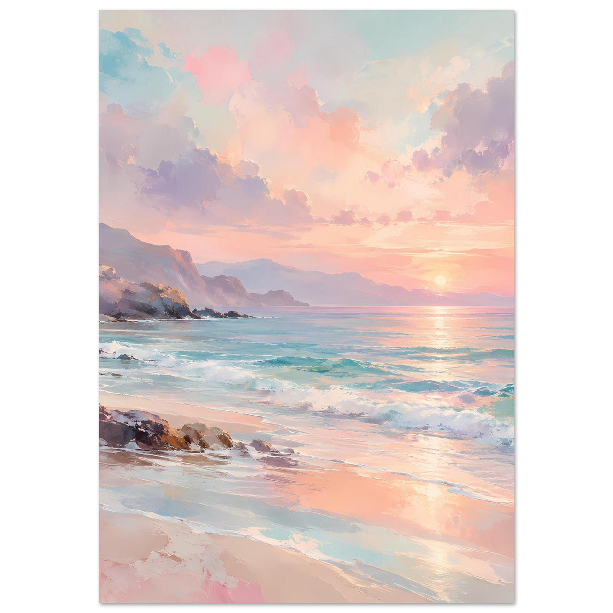 Poster mit Strand, Felsen am Ufer und Sonne am Horizont, vertikales Format