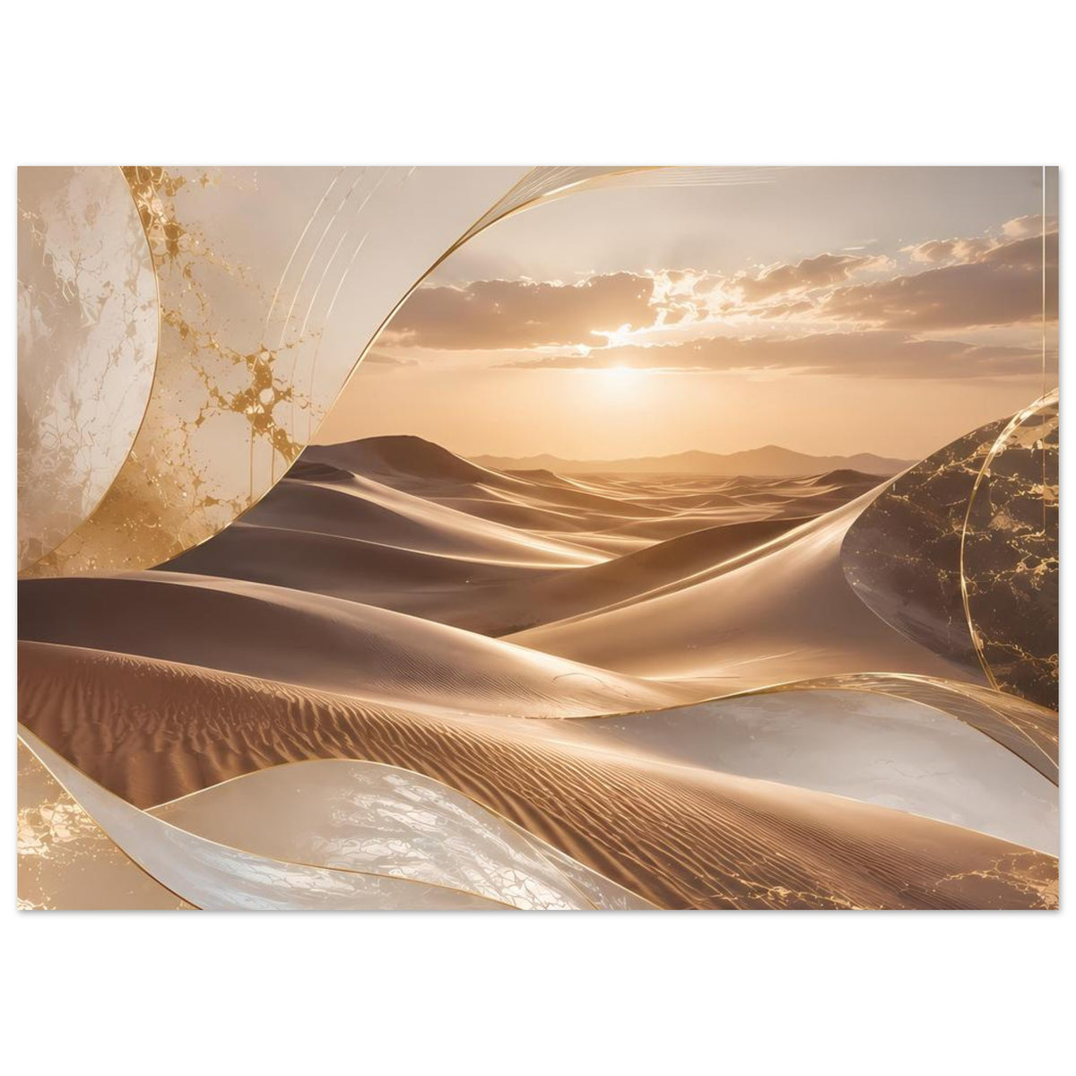 Poster mit warmen Wüstentönen: Dünenwellen und goldene Akzente, sonniger Himmel