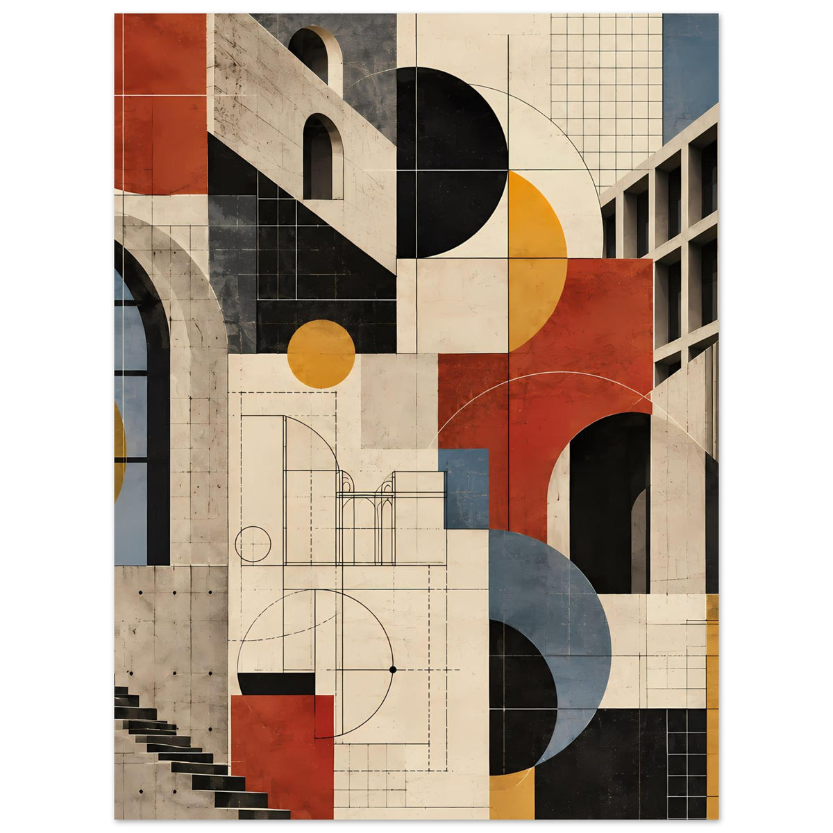 Kunstposter mit Architekturgeometrie, großen Kreisen und Bögen in Terrakotta und Schieferblau