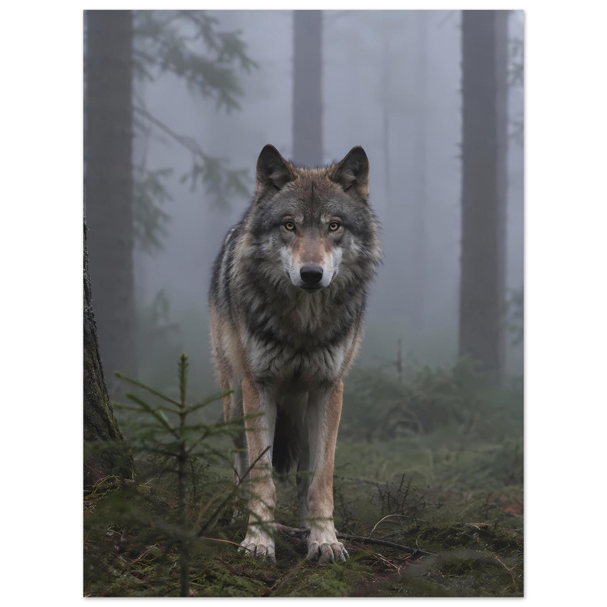 Wolfsposter im vertikalen Format mit stehendem grauen Wolf im Waldmotiv.