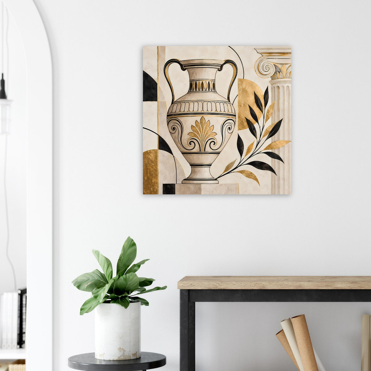 Wandposter mit Amphore im Vintage-Stil, schwarz-goldene Ornamente