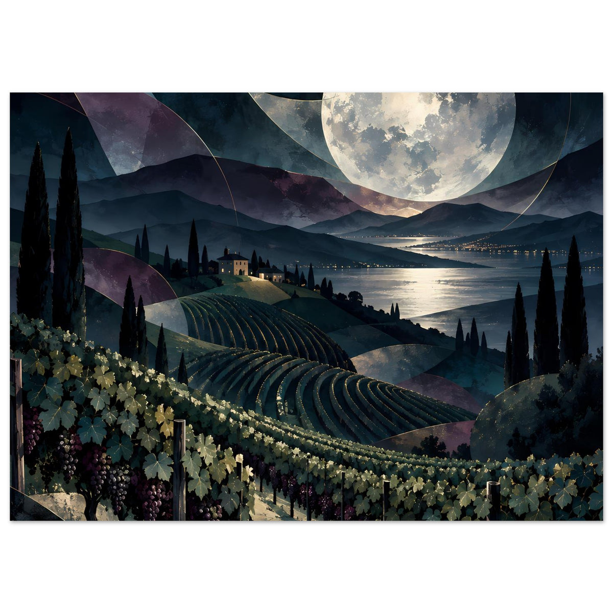 Poster mit Weinbergen bei Nacht, leuchtendem Mond und Rebenreihen über Hügeln im schwarzen Rahmen