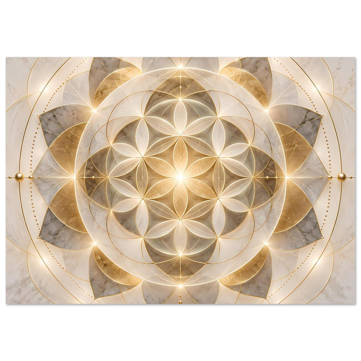 Horizontales Poster mit goldenem Mandala, zentrierte Kreisblüte und goldene Linien