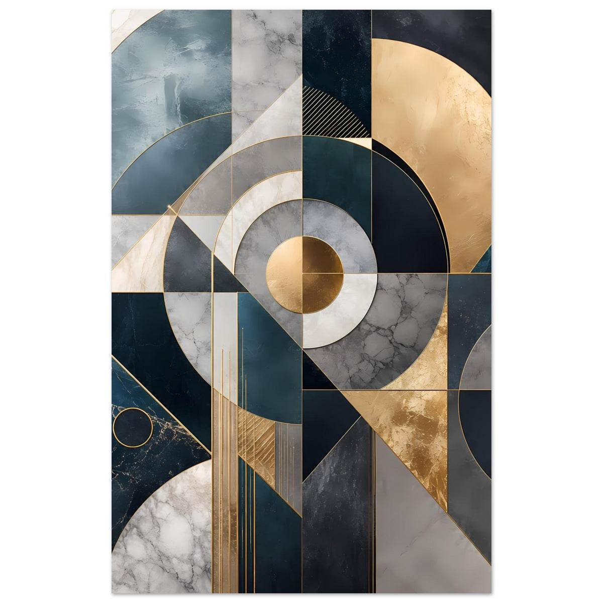Geometrisches Kunstposter im Hochformat mit abstrakten Kreisen, Bögen und Linien in Blau/Grau