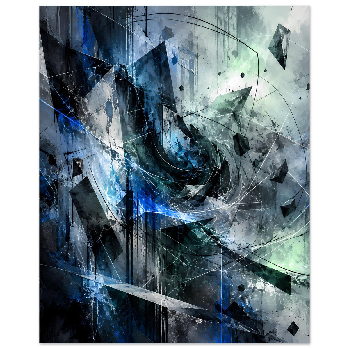 Abstraktes Kunstposter mit blau-grünem Farbverlauf, geometrischen Linien, quadratisch