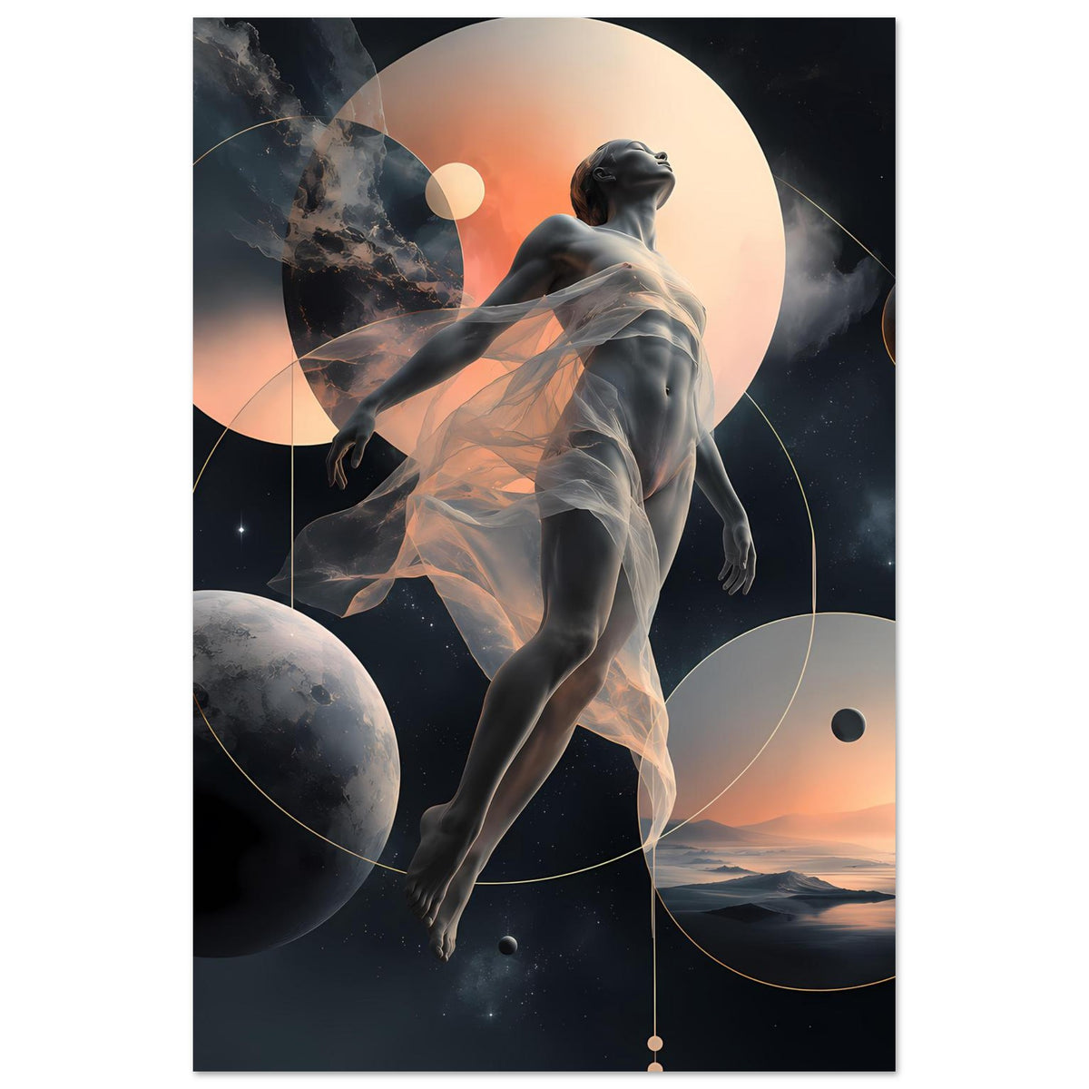 Poster mit abstrakter Frauenskulptur, schwebenden Planeten und großen Monden im Hintergrund