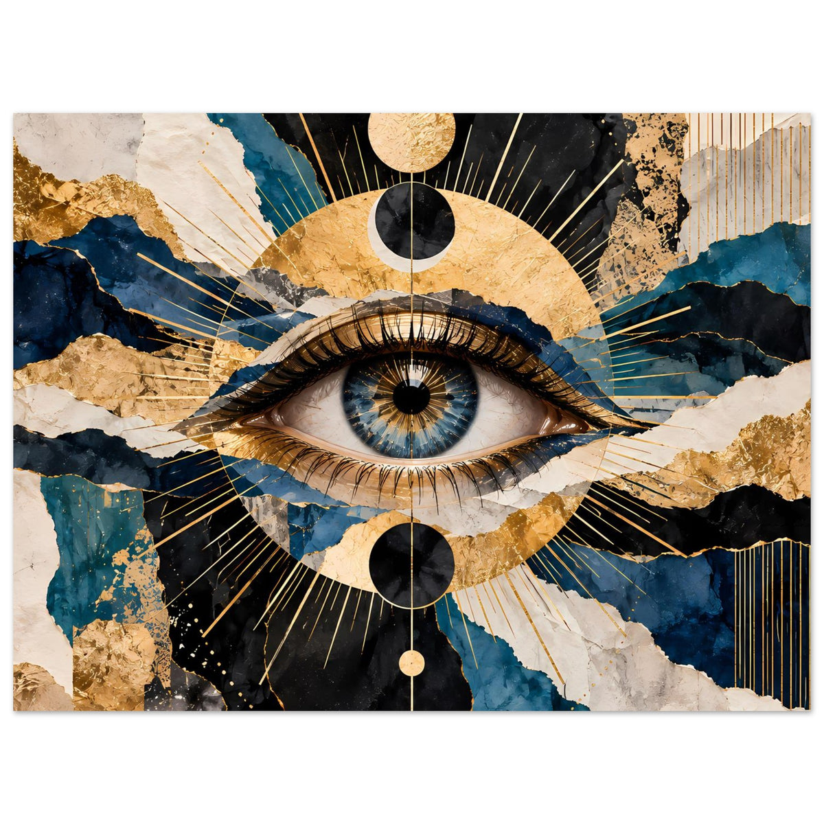 Kunstposter im Querformat: Auge im Zentrum, goldene Deko-Kreise, Blau und Weiß im Muster