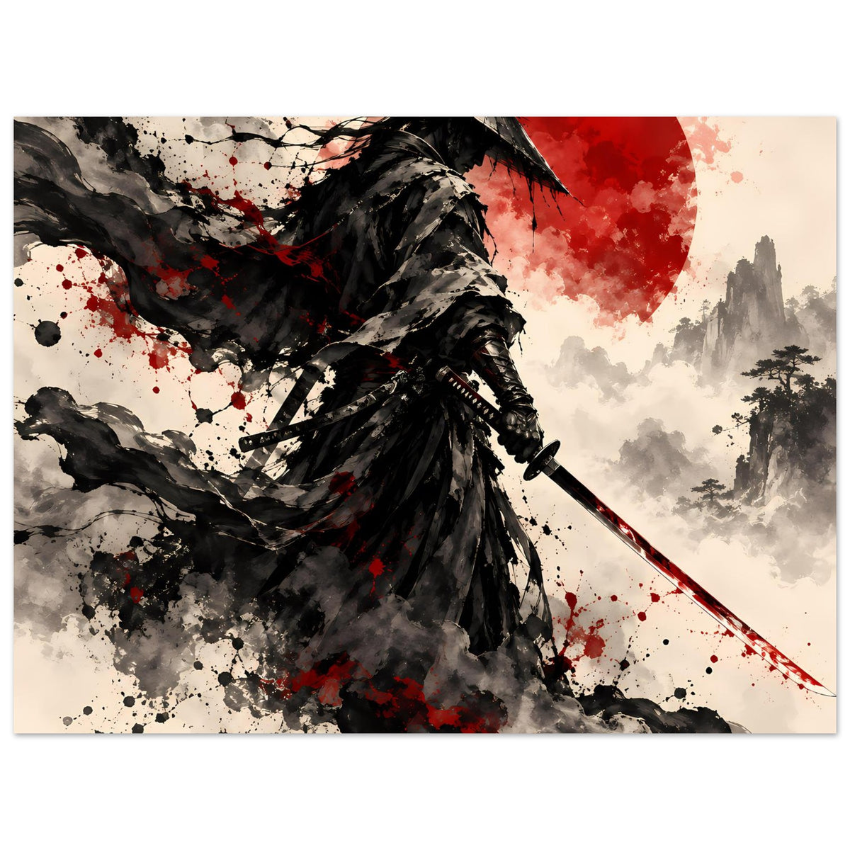 Samurai-Krieger-Poster mit roter Sonne, Katana diagonal, Umhang im Sprühnebel-Stil, quer