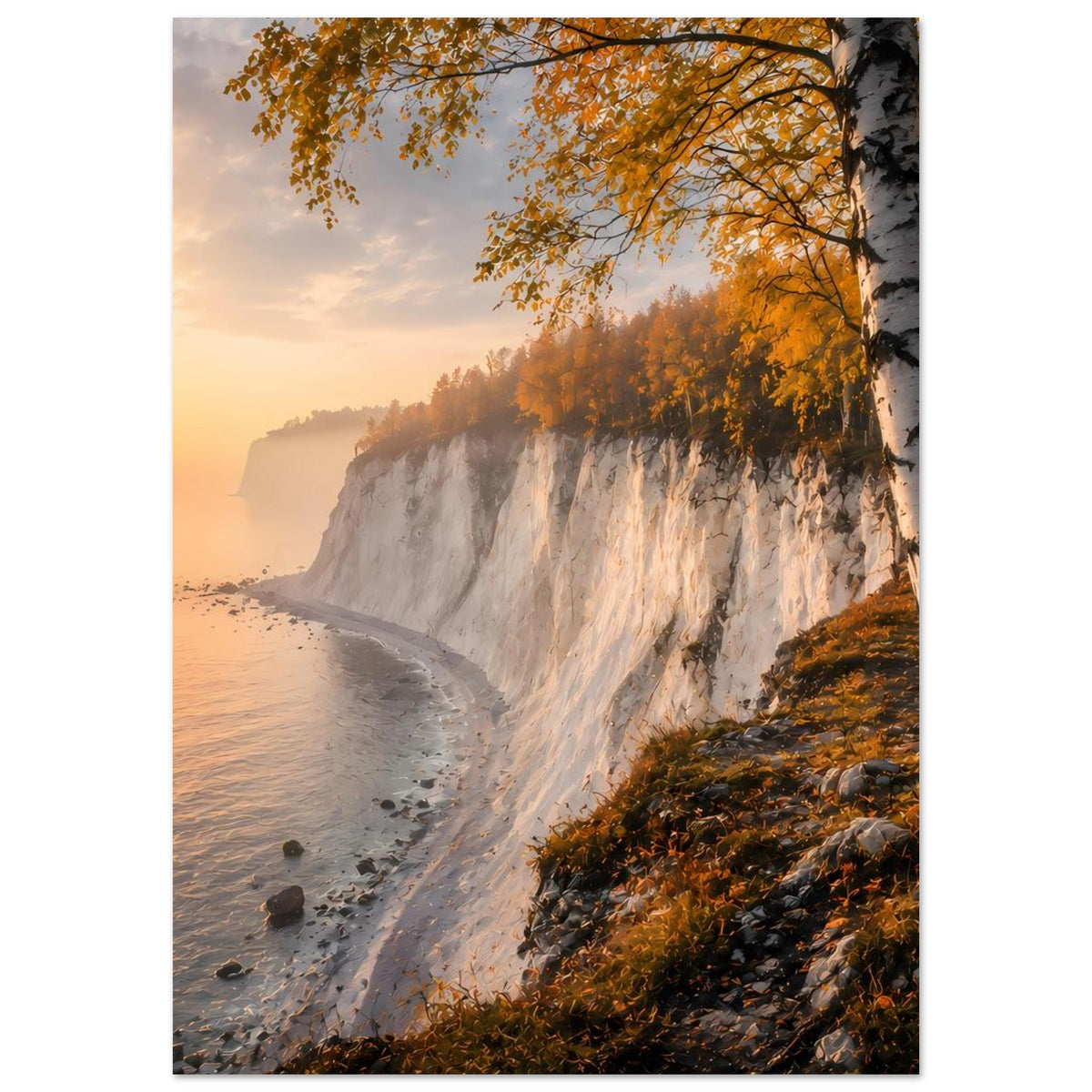 Poster mit Klippenküste im Herbst: Wasserlinie, hohe Felswand und Birken mit gelbem Laub