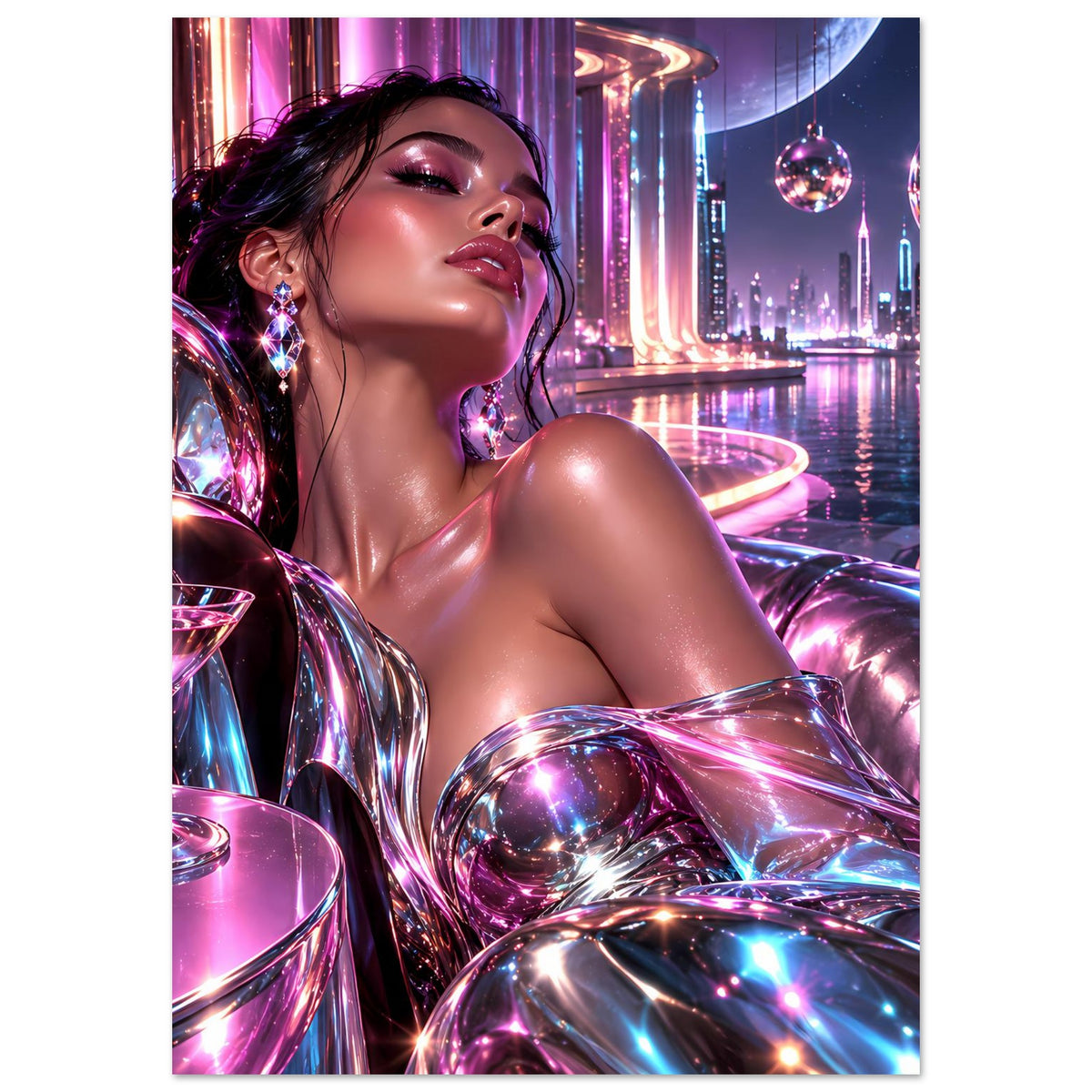 Neon-Poster im Hochformat mit Frau im Fokus, reflektierenden Kugeln und leuchtender Skyline