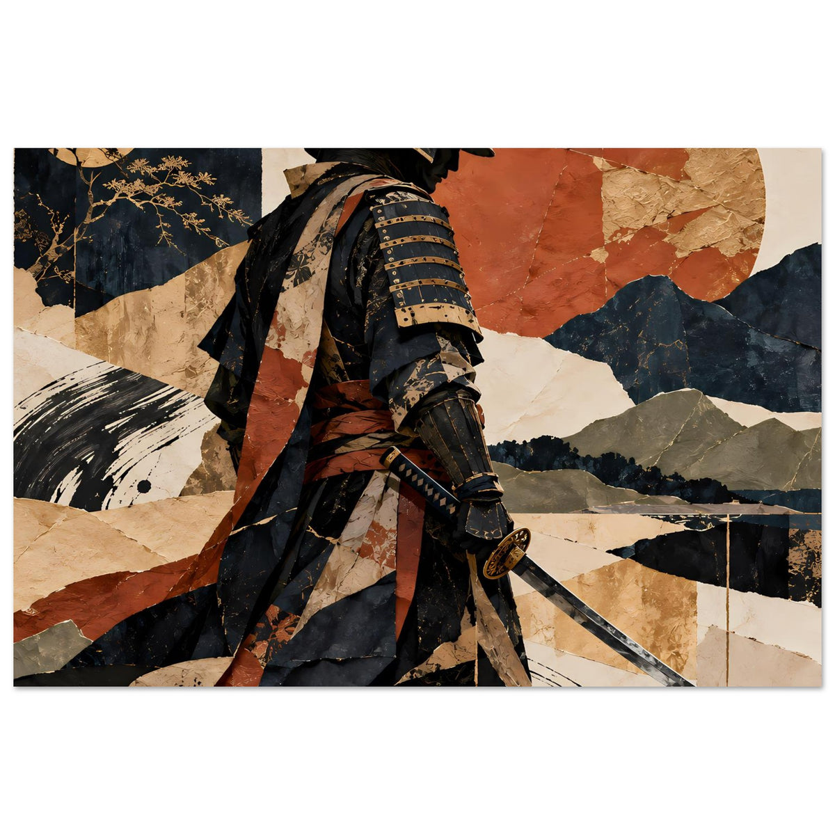 Samurai-Silhouette-Poster mit Schwert, Rüstung und Helm, abstrakte Erdton-Flächen in Blau und Braun