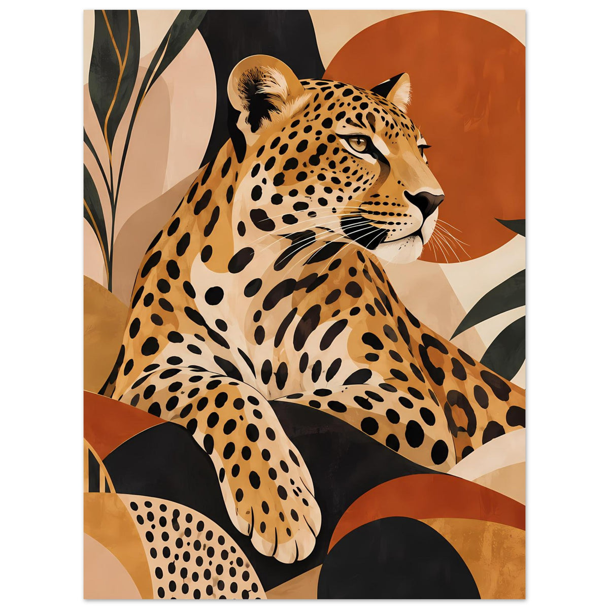 Leopard-Tierposter im Hochformat: sitzender Leopard mit gesprenkeltem Fell