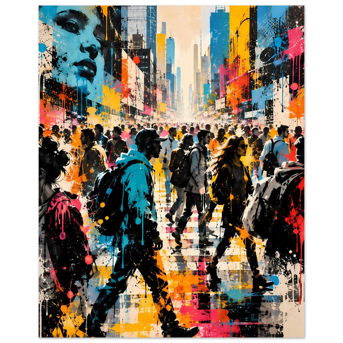 Street-Art-Poster im Hochformat mit Straßenszene, bunten Farbspritzern, Menschen-Silhouetten