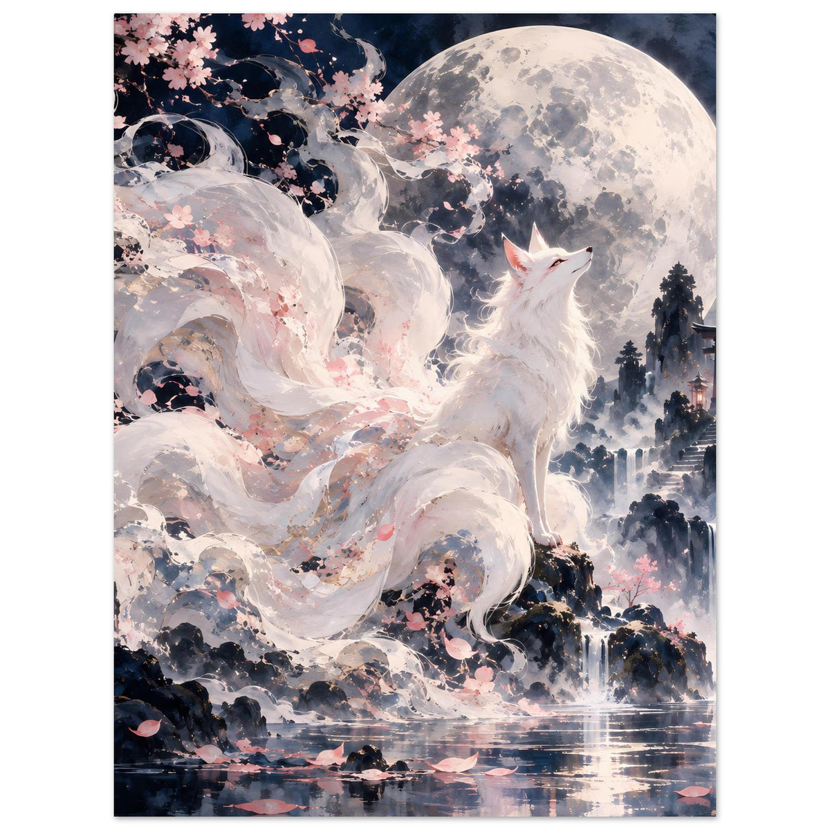 Vertikales Fantasy-Poster mit weißem Fuchs, Vollmond und Kirschblüten vor Berglandschaft