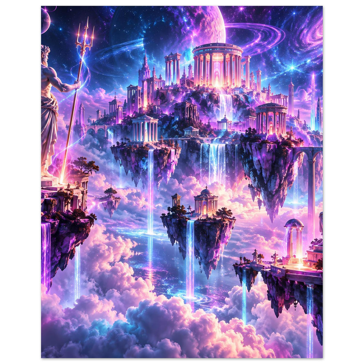 Fantasy-Poster mit schwebenden Inseln, Tempeln, Wasserfällen, Sternenmond und Lichtschleifen
