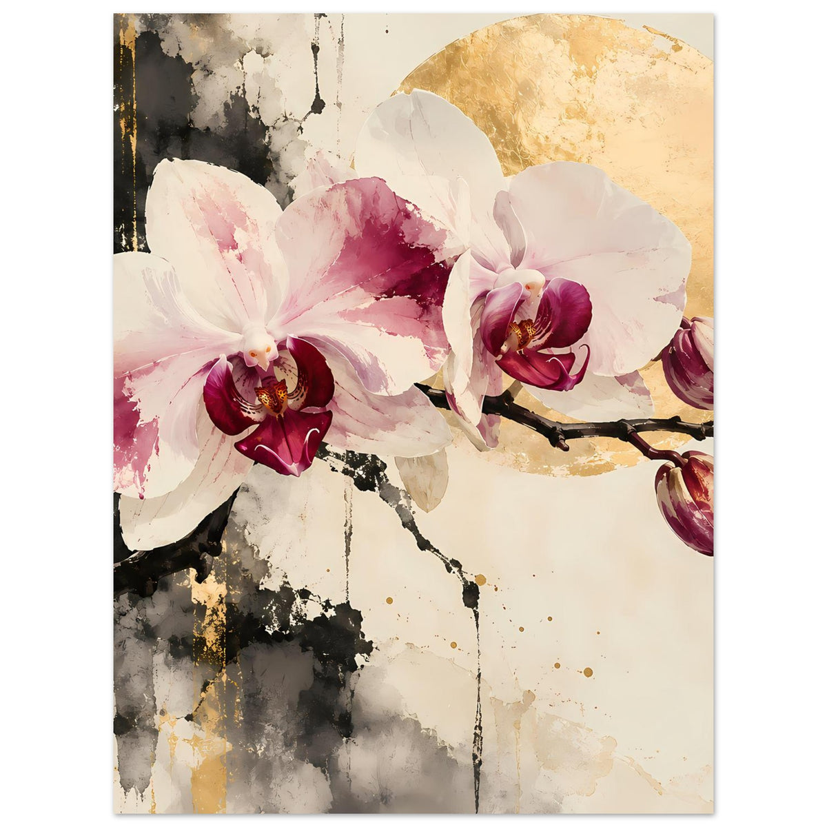 Blumenposter im Hochformat mit Orchideenblüten, goldenen Akzenten und Rankenast