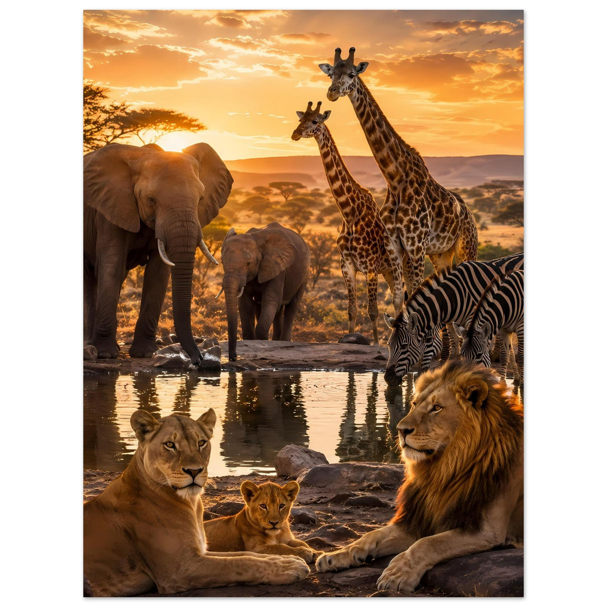Afrika-Tierposter mit Elefanten, Giraffen, Zebra und Löwen am späten Abend