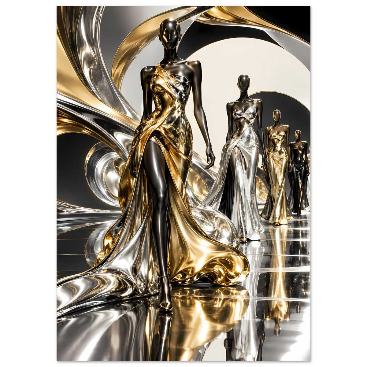 Poster mit goldener und silberner Metallfigur im Vordergrund sowie kleineren Figuren dahinter