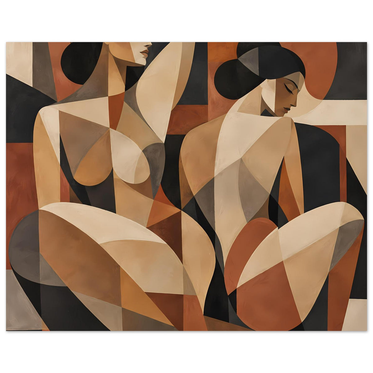 Abstraktes Poster: zwei weibliche Figuren im kubistischen Stil, beige, braun und dunkel