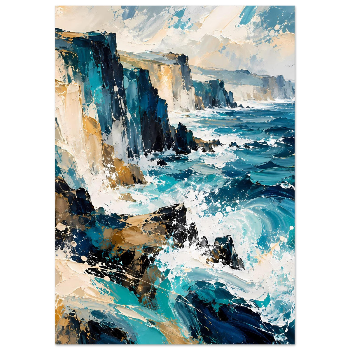 Wandposter im Hochformat: Felsklippen an der Küste, türkisblaues Wasser und Spritzschäume