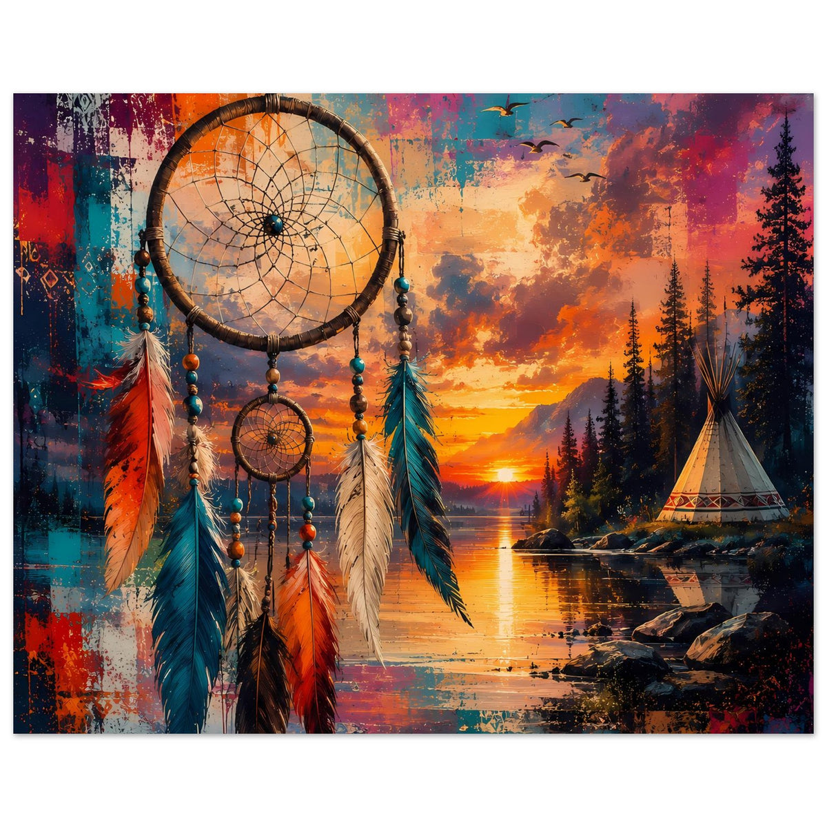 Boho-Poster mit Traumfänger: großer Netzring, bunte Federn und See mit Abendhimmel