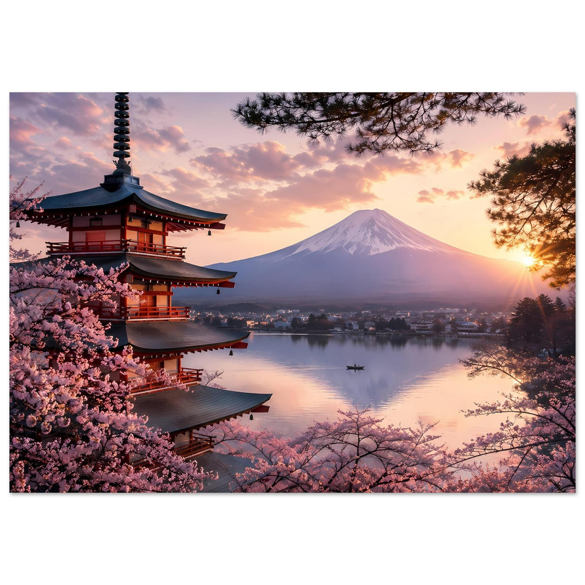 Wandposter mit japanischer Pagode, Berg Fuji, See und Kirschblüten zur Dämmerung