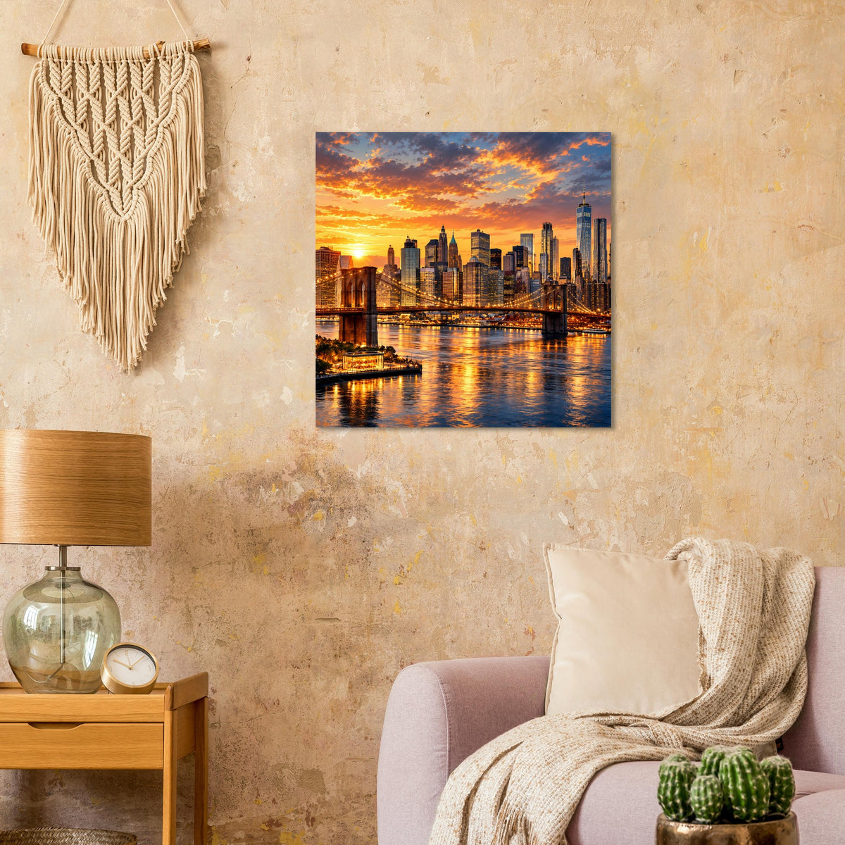Quadratisches Poster mit beleuchteter Stadt-Skyline, Fluss und orangefarbenem Himmel